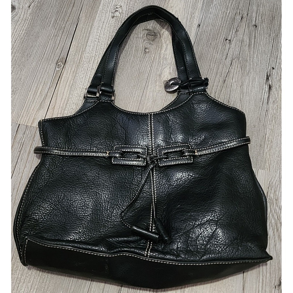 The Sak‎ Pebbled Leather Contrast Stitch Gingham Lining Shoulder Handbag Black